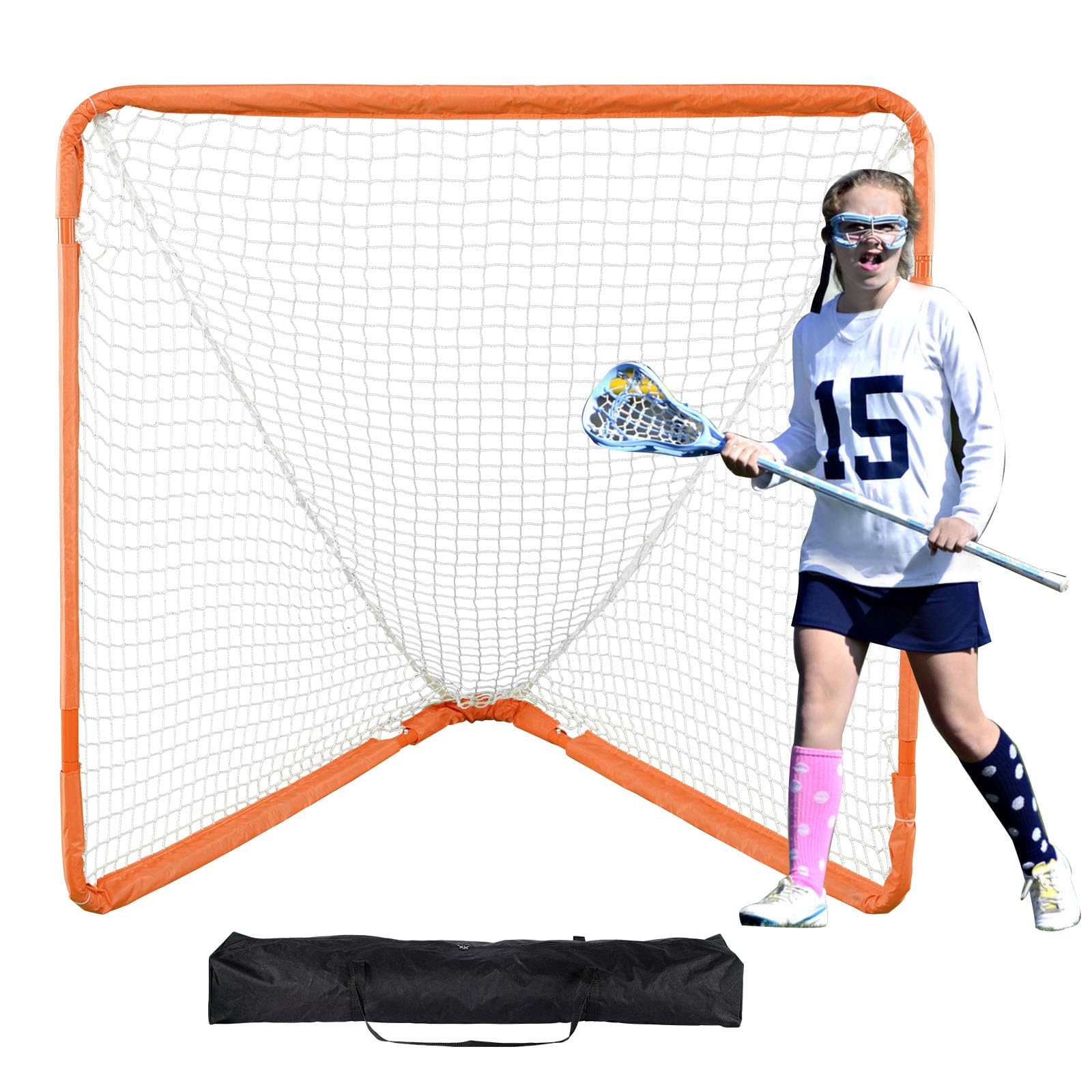 VEVOR Lacrosse Goal 4 x 4 Portable Lacrosse Net for Small Kids Folding Lacrosse Goal with Carry Bag Iron Frame Backyard Training Equipment Quick & Easy Setup Perfect for Youth Training Orange