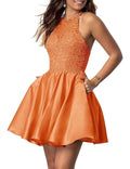 Tvuyet Short Prom Dress Orange with Pockets for Teens Satin Spaghetti Straps A Line Homecoming Dresses for Juniors Orange 10