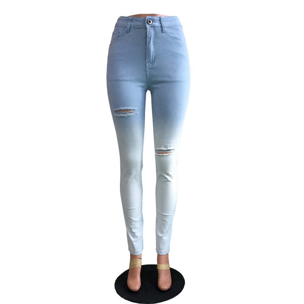 Blue-White Gradient Distressed Jeans for Cross-Border E-Commerce