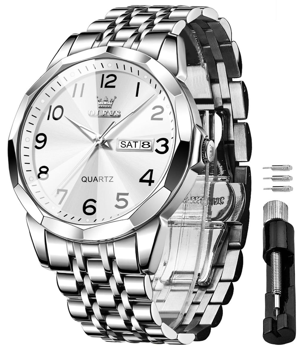 OLEVS White Watch for Men Luxury Dress Analog Quartz Silver Stainless Steel Waterproof Luminous Date Diamond Business Two Tone Casual Wrist Watch