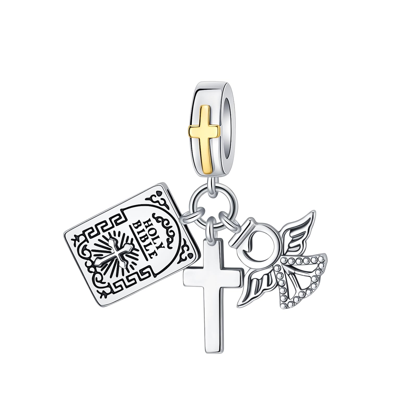 BIZK Bible Cross Angel Charm 925 Sterling Silver Charms for Bracelets and Necklaces for Birthday Valentines Day Fashion Jewelry for Women Friend and Mother