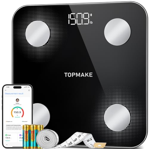 TOPMAKE【2024 Upgrade】 Scale for Body Weight Digital Bathroom Scale BMI Body Fat Scale 25 Body Composition Analyzer with App sync with Bluetooth Batteries and Tape Measure Included Black