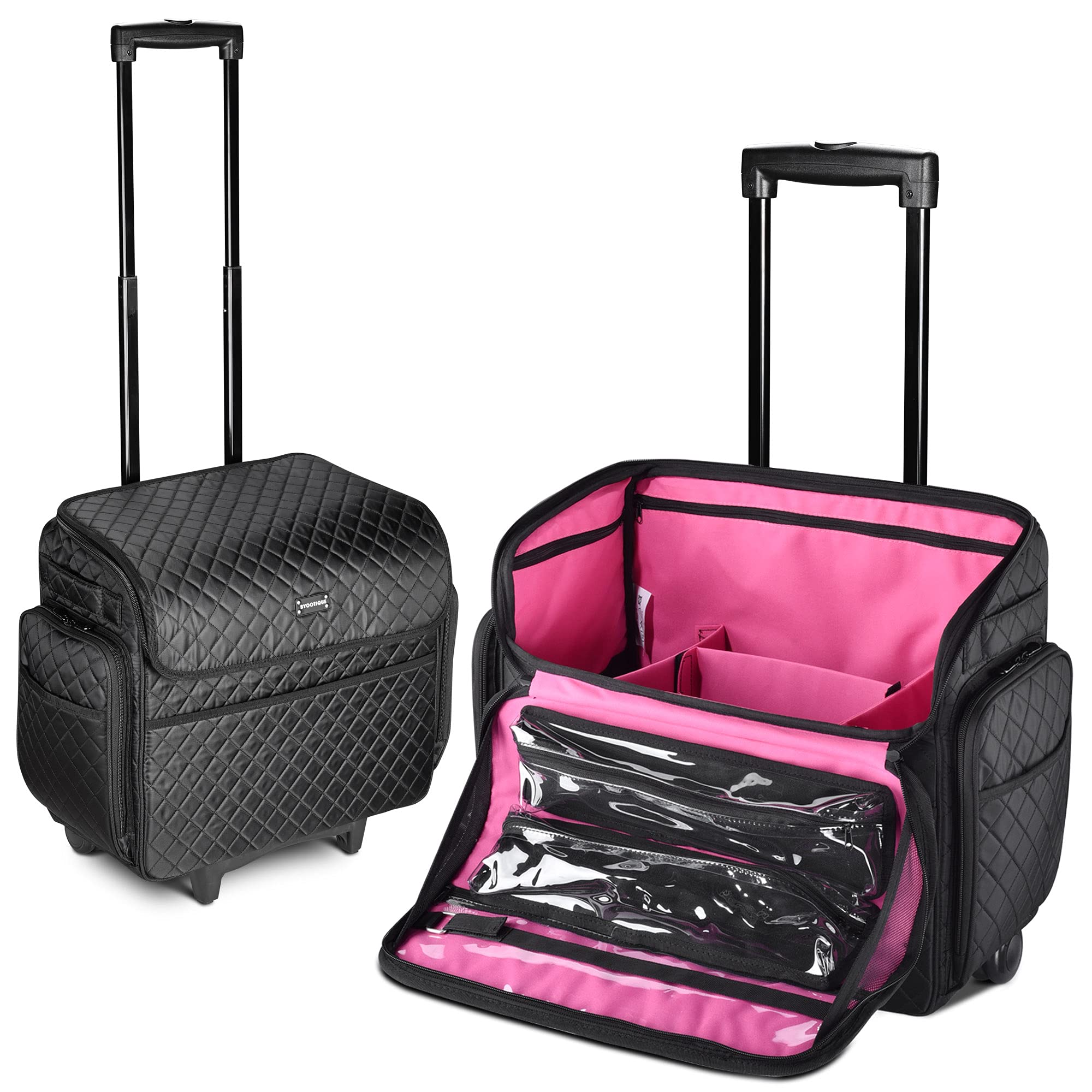 BYOOTIQUE Rolling Makeup Train Case Hairstylist Traveling Bag Carry On Barber Case Suitcase with Adjustable Dividers Cosmetic Bag with wheels for Hairdressing Tool Organizer Makeup Salon Nail