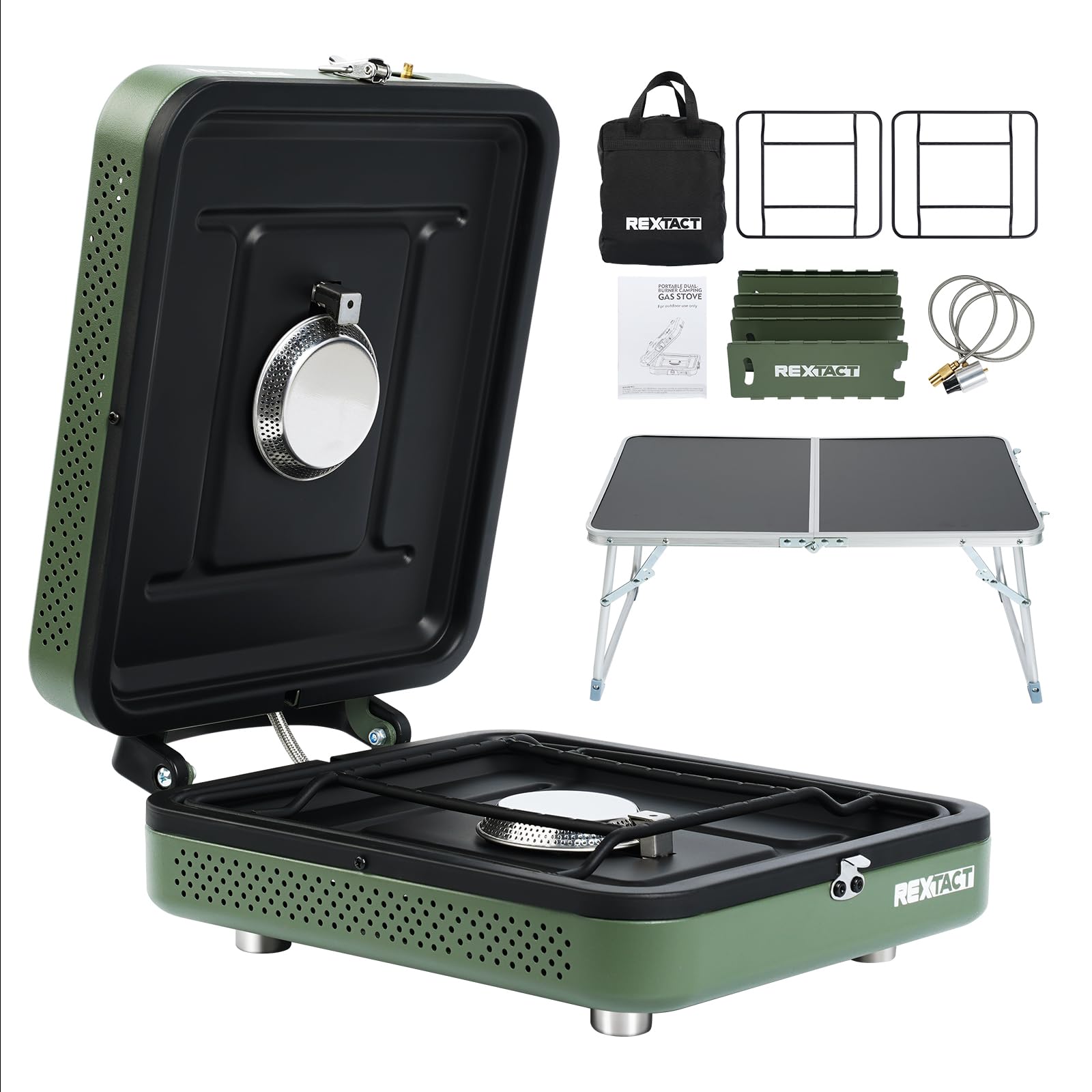 Réchaud de camping 2 feux RexTact avec sac de transport, pare-vent et table, réchaud de camping pliable au propane de 17200 BTU pour la cuisine en extérieur, réchaud à gaz portable avec brûleur réglable pour barbecue, vert