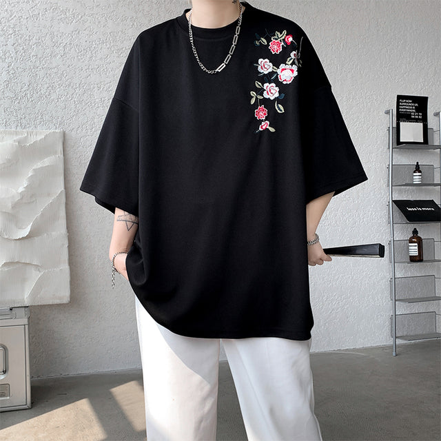 Embroidered Flower Oversized T-Shirt for Couples