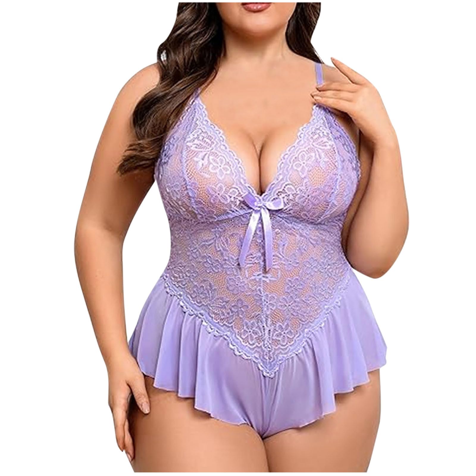 Women Spaghetti Strap Nightgowns Lingeries Jumpsuits Pajamas Nightgowns One Piece for Women Deep V Neck Lace Sexy Low Cut Cutout Eyelet Bow Tie Nightgowns 2025 XXL