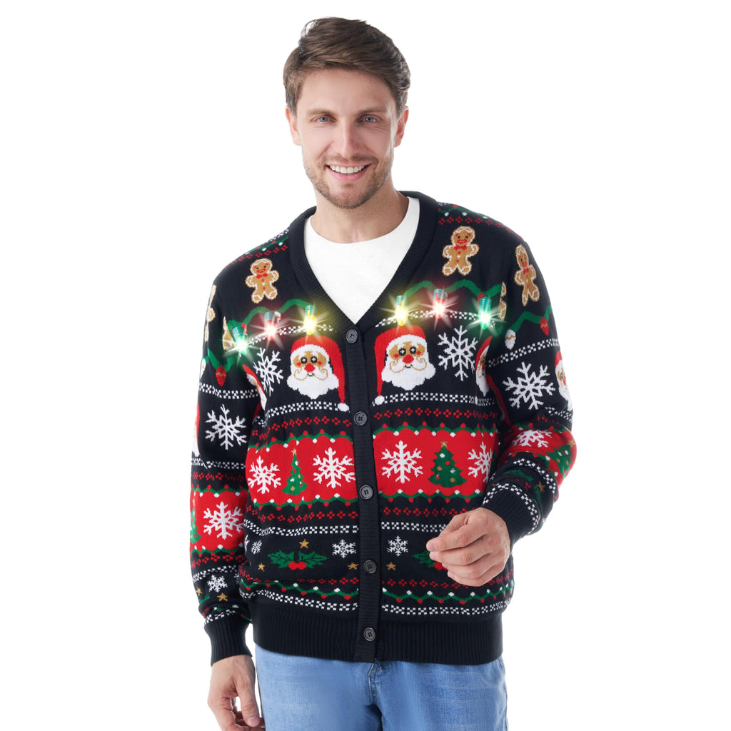 Giggling Getup Men Ugly Christmas Cardigan Sweaters Funny Light Up Ugly Sweater for Men Santa V-Neck Cardigan Sweater for Men Black