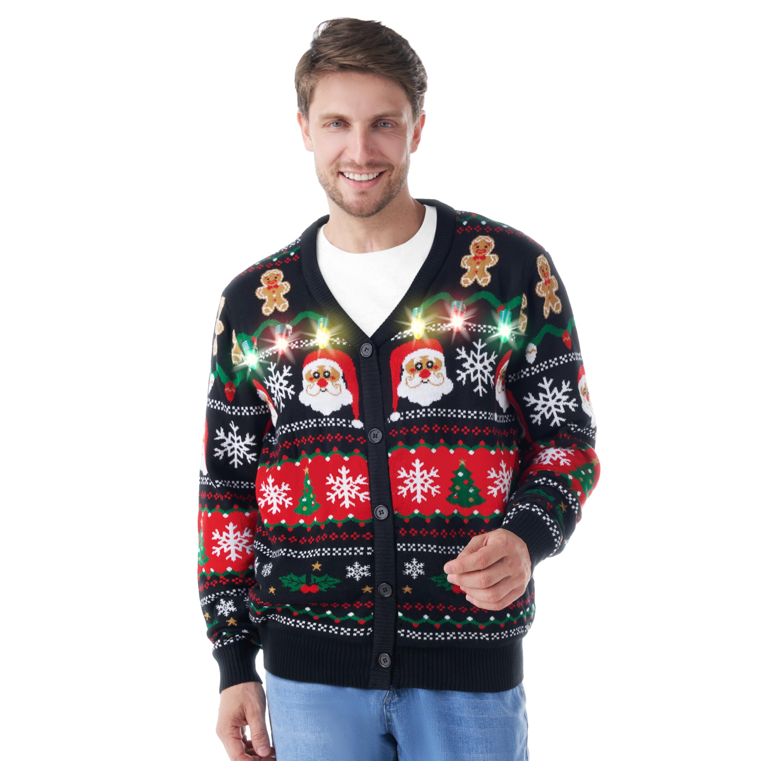 Giggling Getup Men Ugly Christmas Cardigan Sweaters Funny Light Up Ugly Sweater for Men Santa V-Neck Cardigan Sweater for Men Black