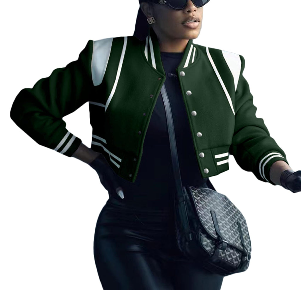 AIIYYQB Womens Letterman Varsity Bomber Jacket Button Down Cropped Casual Lightweight Baseball Outerwear