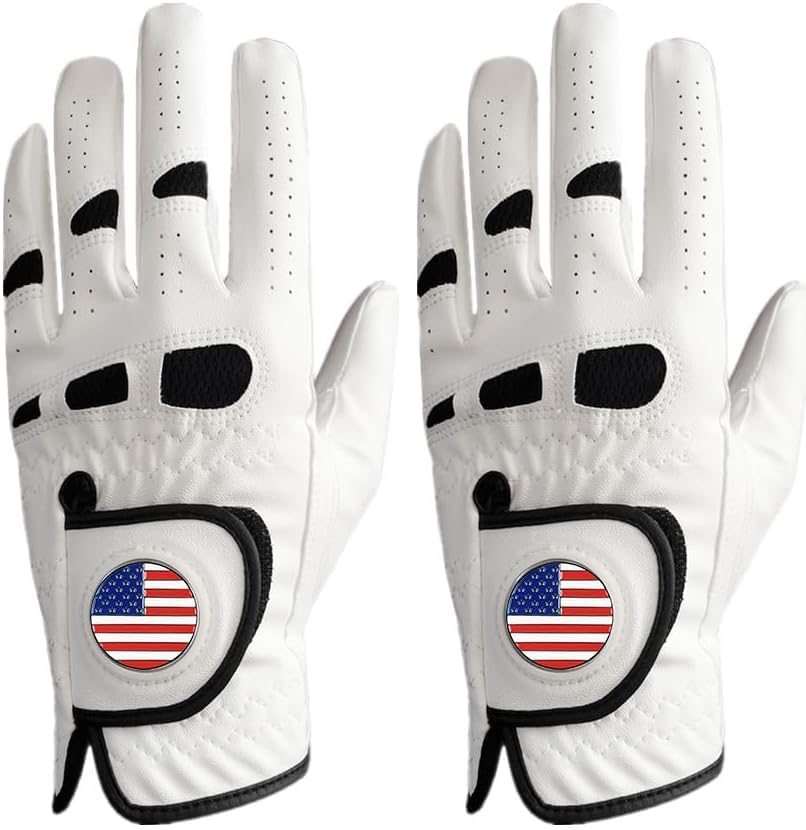 GKandi Men’s Golf Gloves Left Hand for Right Handed Golfer with Ball Marker Value 2 Pack Weathersof Grip Soft Comfortable Fit Size Small Medium ML Large XL (White Large Left)