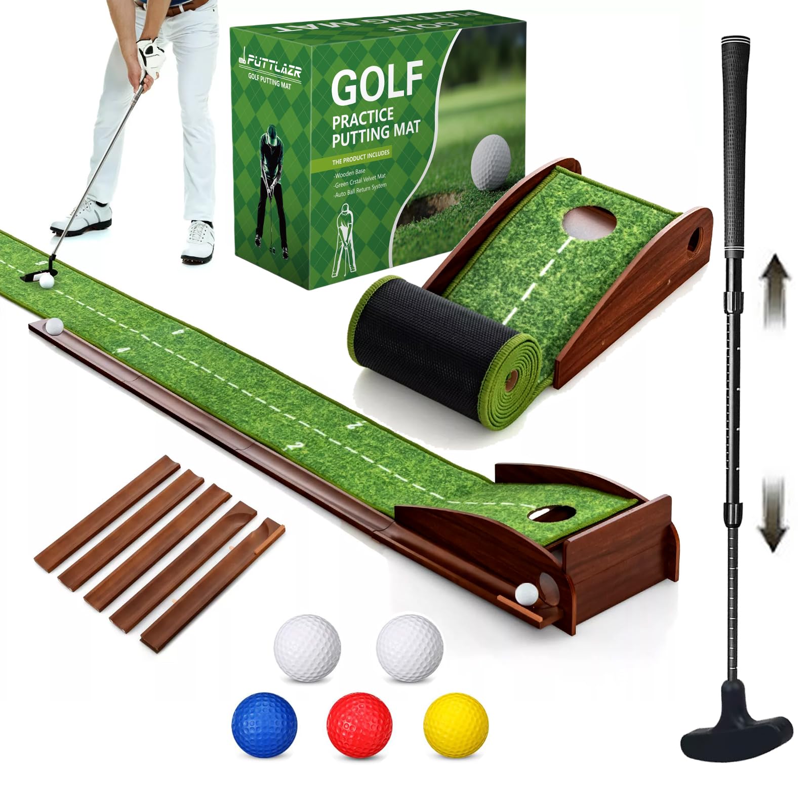 Indoor Golf Putting Mat with Putter & 5 Golf Balls Auto Ball Return Golf Putting Set Smoothly Velvet Putting Matt for Indoors Home Office Backyard Golf Gift for Men