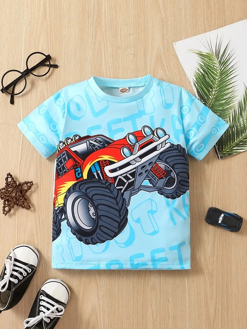 Children's Short-Sleeved T-Shirt with Cartoon Car Print