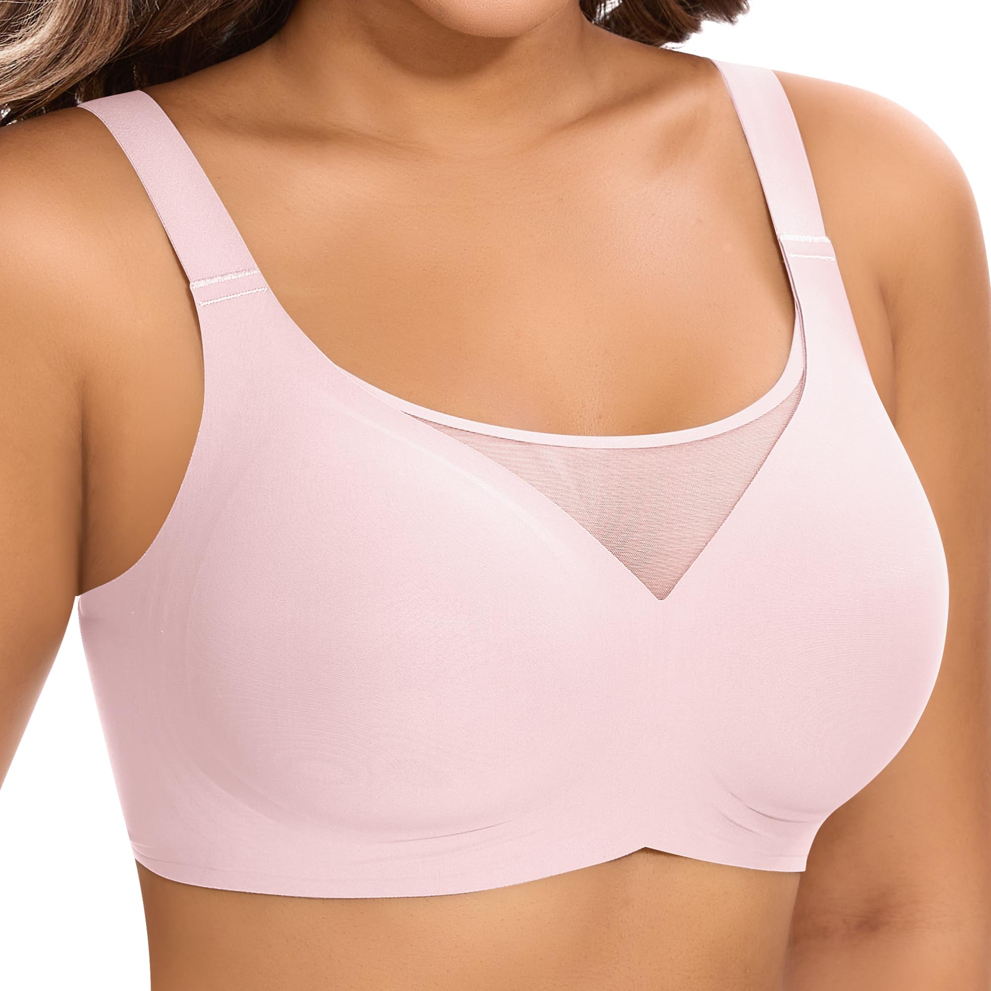 DOCUMO Bras for Women Wireless T Shirt Bra Full Coverage No Underwire V Neck Lace Lift Bralette Comfort Seamless Everyday Bra with Bra Extender (PinkLarge)