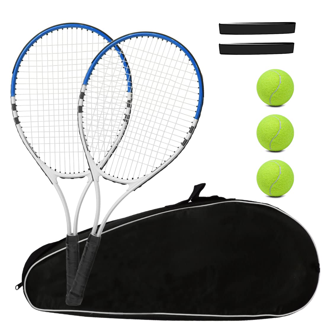Tennis Racket Pre-Strung Lightweight 27 Inch Racquet Recreational Adult Rackets for Men Women Students Training Tennis Starter Kit with BallsCarry Bag and Overgrips (Blue/White - 2 Rackets)