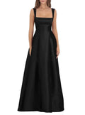 Women’s Spaghetti Straps Satin Prom Dresses with Bow A Line Bodycon Mermaid Maxi Dress Formal Evening Ball Gown Black US04