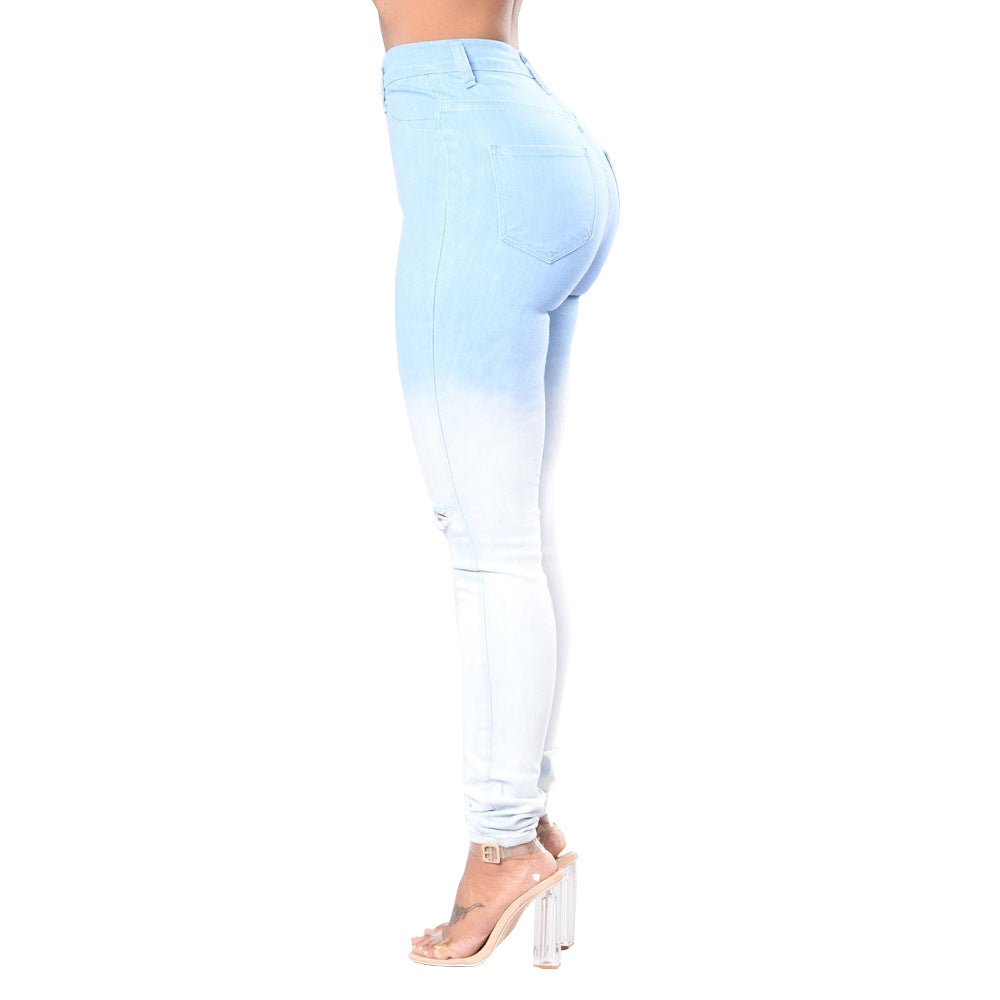 Blue-White Gradient Distressed Jeans for Cross-Border E-Commerce
