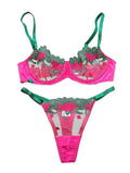Lilosy Sexy Leaf Floral Embroidered Mesh Sheer Women Underwire Push Up Lingerie Set See Through Bra Panty 2 Piece Flower Satin Hot Pink Small