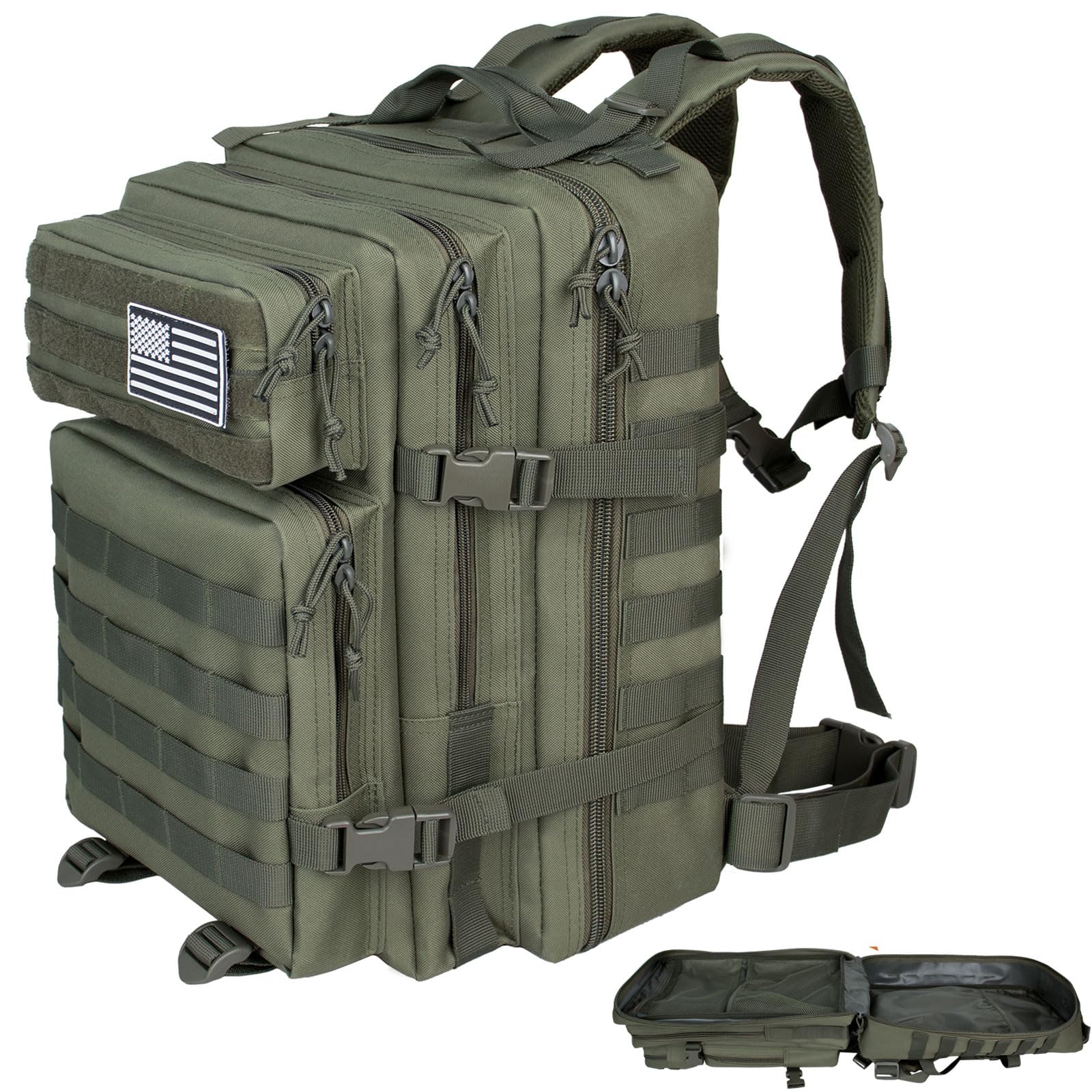 RooPoke 45L Large Tactical Backpack For Men Military Army Assault Pack Highland Backpacks Molle Daypack 3 Day Bug Out Bag Hiking Camping Outdoor RucksackGreen