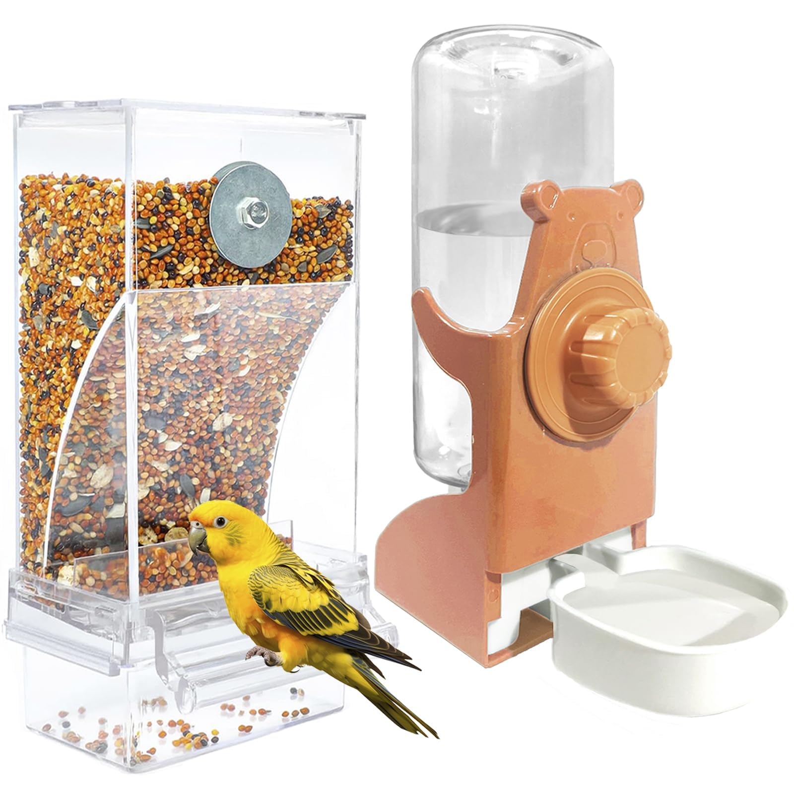 VERTUPET No Mess Bird Feeders with Water Dispenser Automatic Transparent Acrylic Food Container Drinker for Cage Automatic Parrot Feeder Seed Container Cage Accessories (Orange)
