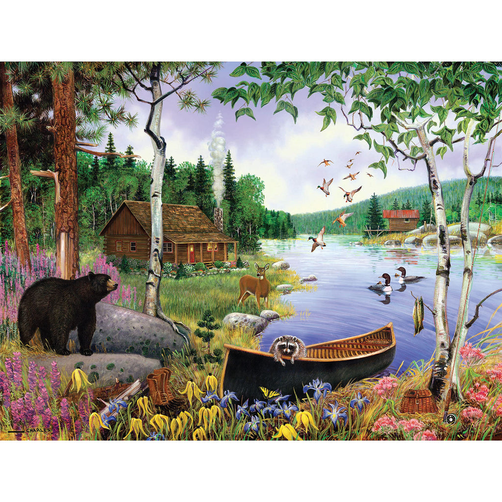 550 Piece Puzzle for Adults Black Bear and Cabin by J. Charles 24X18 Country Life Jigsaw from KI Puzzles (02632-SB)