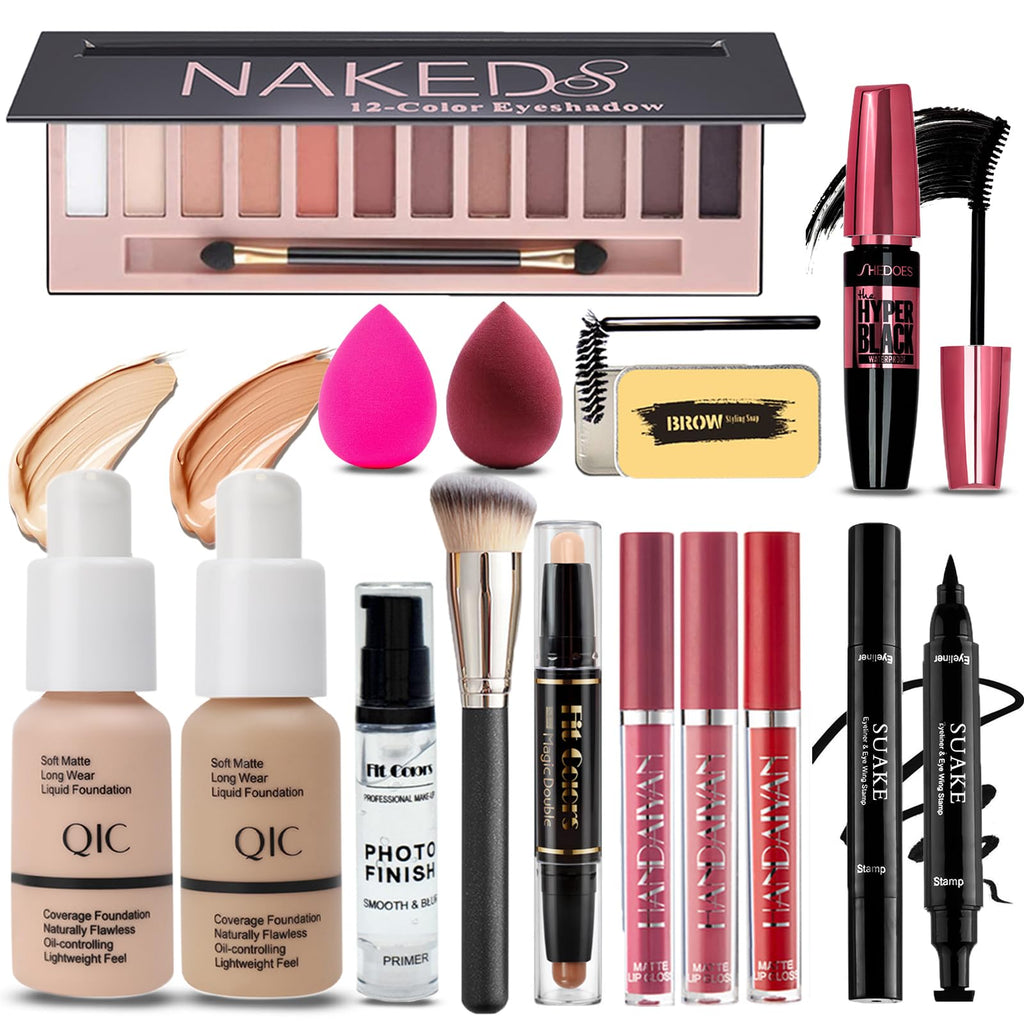 All in One Makeup Kit for Women Full Kit 12 Colors Eyeshadow Foundation & Primer Lipsticks Eyeliner Mascara Contour Stick Brow Soap Makeup Brush & Sponge Make Up Gift Set for Women Teens