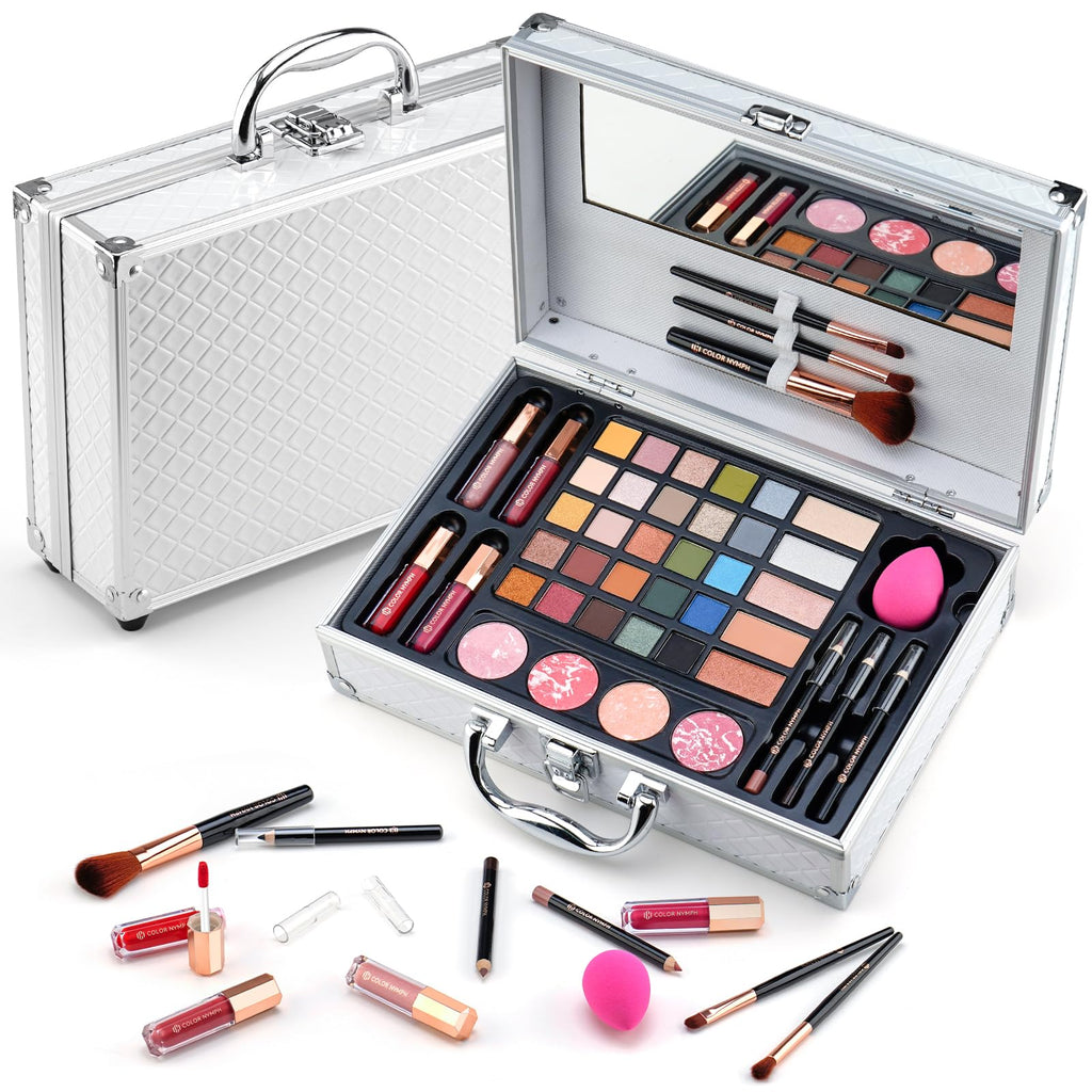Makeup Kit for WomenAll in One Makeup Gift Set for Girls in Cosmetic Train Case (White) With MirrorFull Starter Cosmetic Kit Includes Eyeshadow PaletteLipglossBlushes