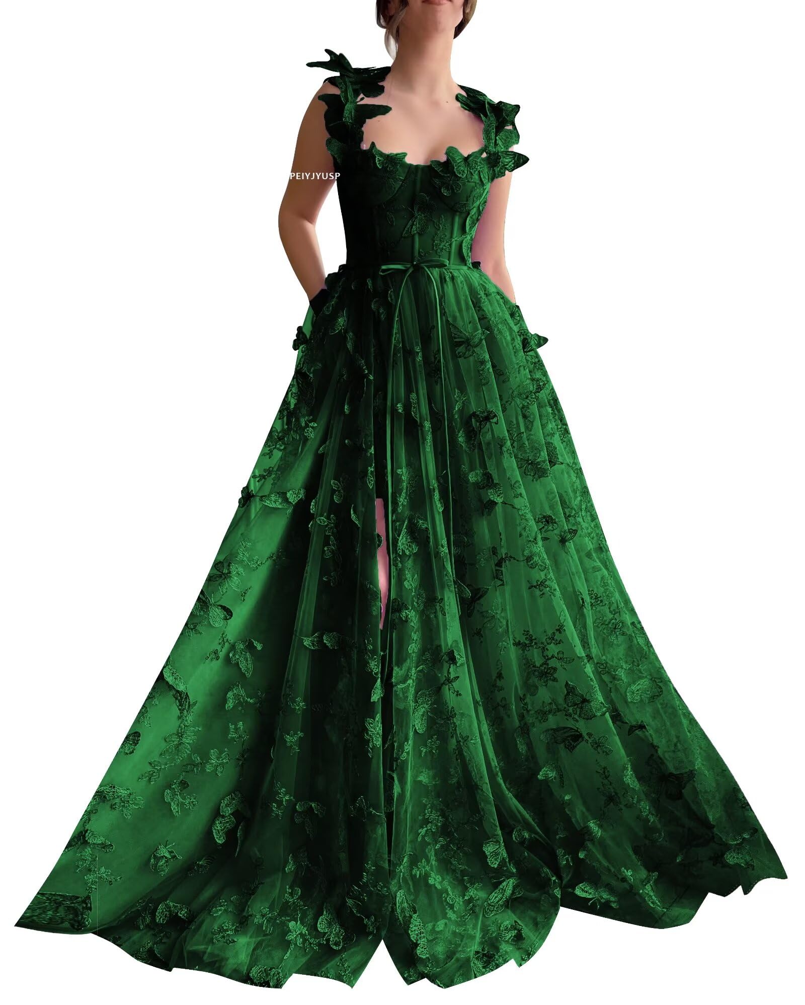 PEIYJYUSP Dark Green Lace Appliques Prom Dresses for Women Tulle Princess Prom Dress Long Ball Gown Formal A-Line Evening Dresses US8