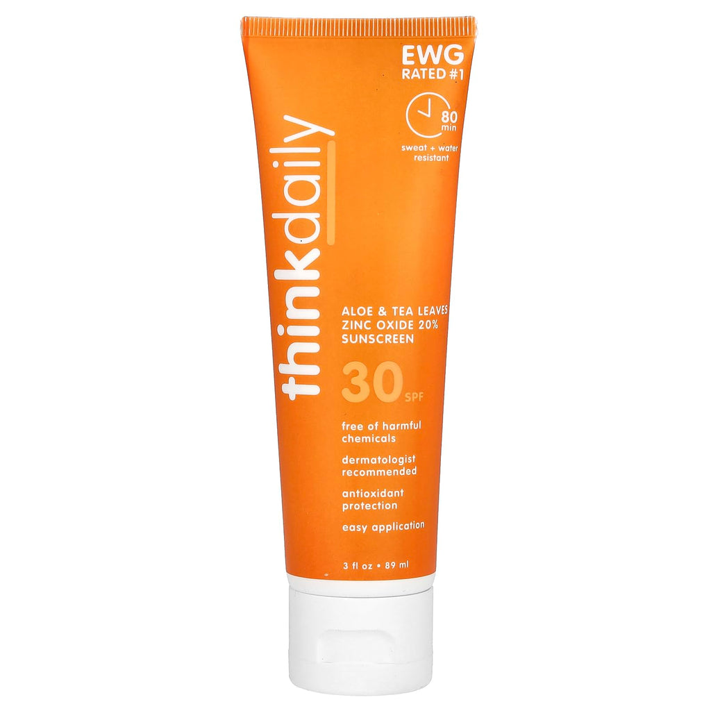 Thinkdaily Mineral Sunscreen SPF 30 Zinc Oxide Sunscreen with Aloe & Tea Leaves 3 Fl Oz Natural Water Resistant Reef Safe Sunscreen Broad Spectrum UVA/UVB Sun Screen for Sun Protection