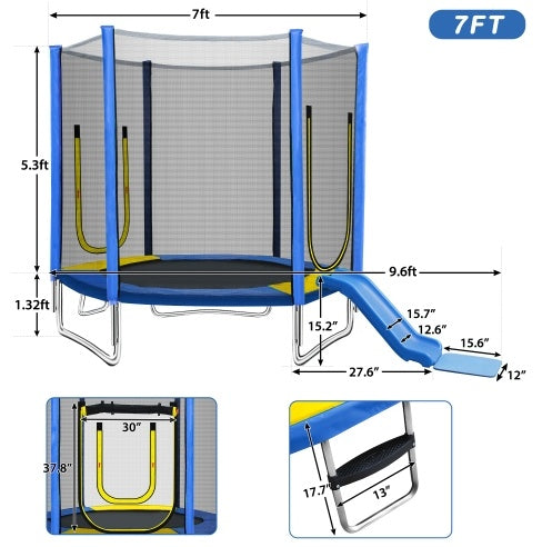 Trampoline Rond Enfant 2,13 m avec Filet de Sécurité, Toboggan et Échelle, Montage Facile, Utilisation Extérieure