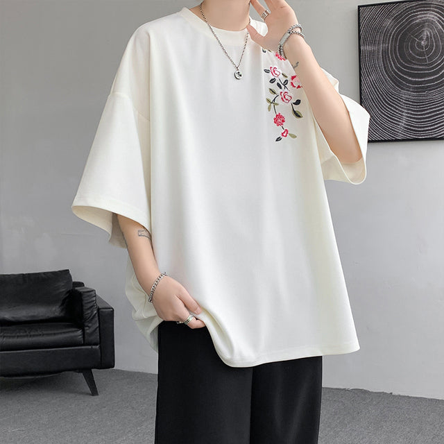 Embroidered Flower Oversized T-Shirt for Couples