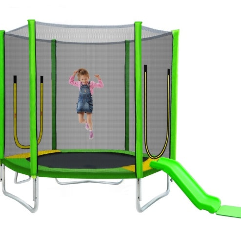 Trampoline Rond Enfant 2,13 m avec Filet de Sécurité, Toboggan et Échelle, Montage Facile, Utilisation Extérieure