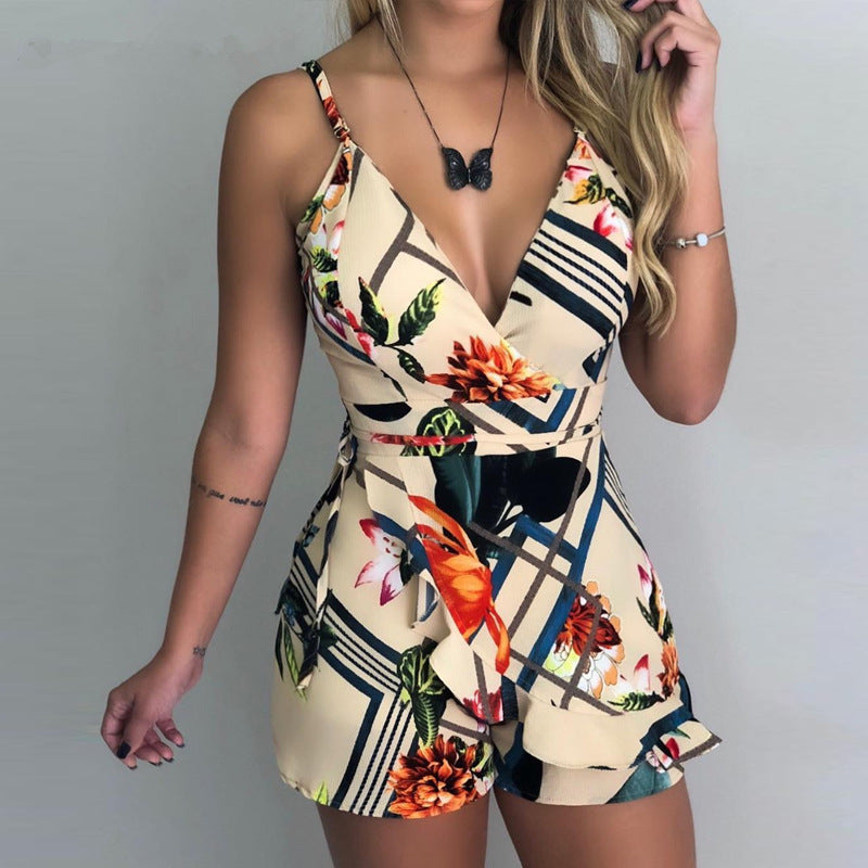 Navy Floral Print Lace Trim Romper for Cross-Border E-commerce