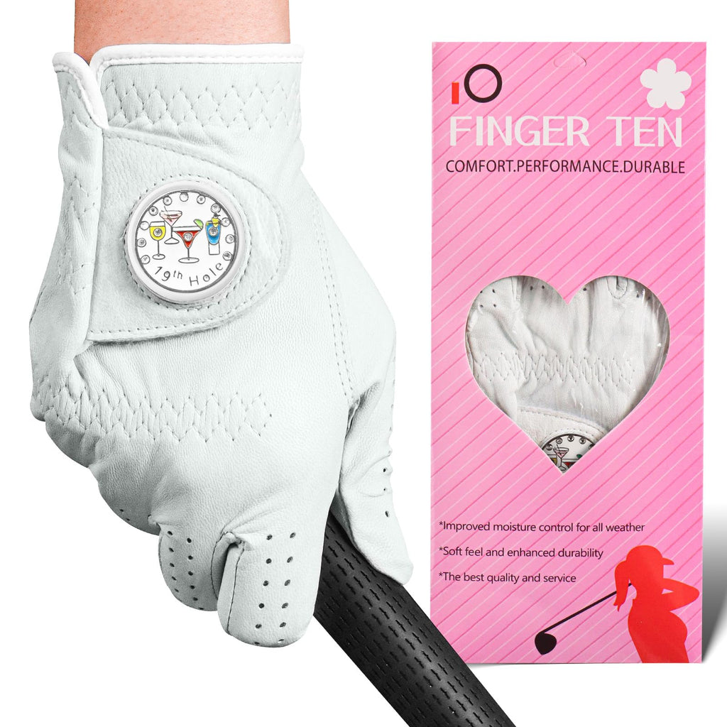 FINGER TEN Golf Gloves Women Right Handed Golfer Left Hand Cabretta Leather with Ball Marker 1 Pack Womens Ladies Golf Glove Non Slip All Weather Grip (Wine Glass X-Large (Worn On Right Hand))