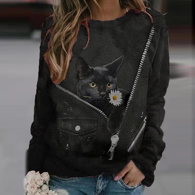 Casual Long-sleeved T-shirt with Cartoon Cat Print