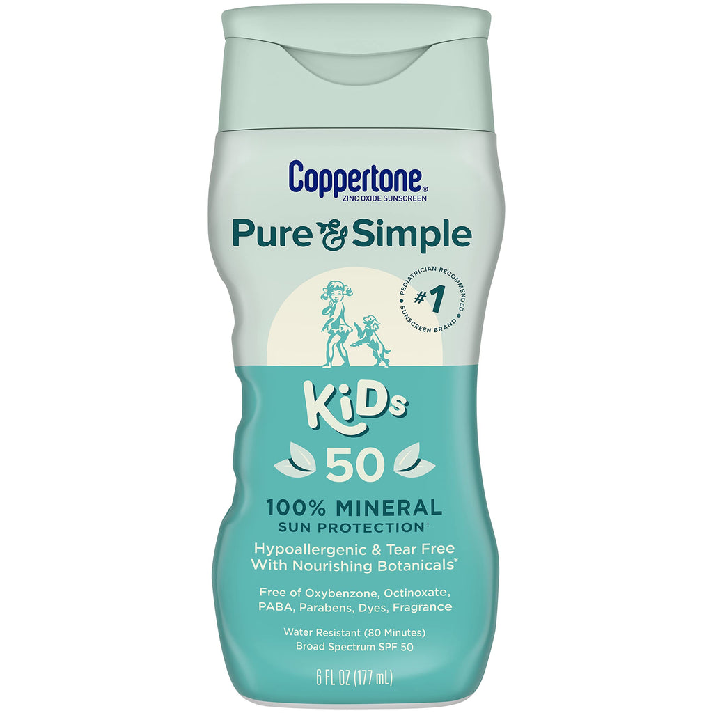 Coppertone Pure and Simple Kids Sunscreen Lotion SPF 50 Zinc Oxide Mineral Sunscreen for Kids Tear Free Water Resistant Broad Spectrum Sunscreen SPF 50 6 Fl Oz Bottle
