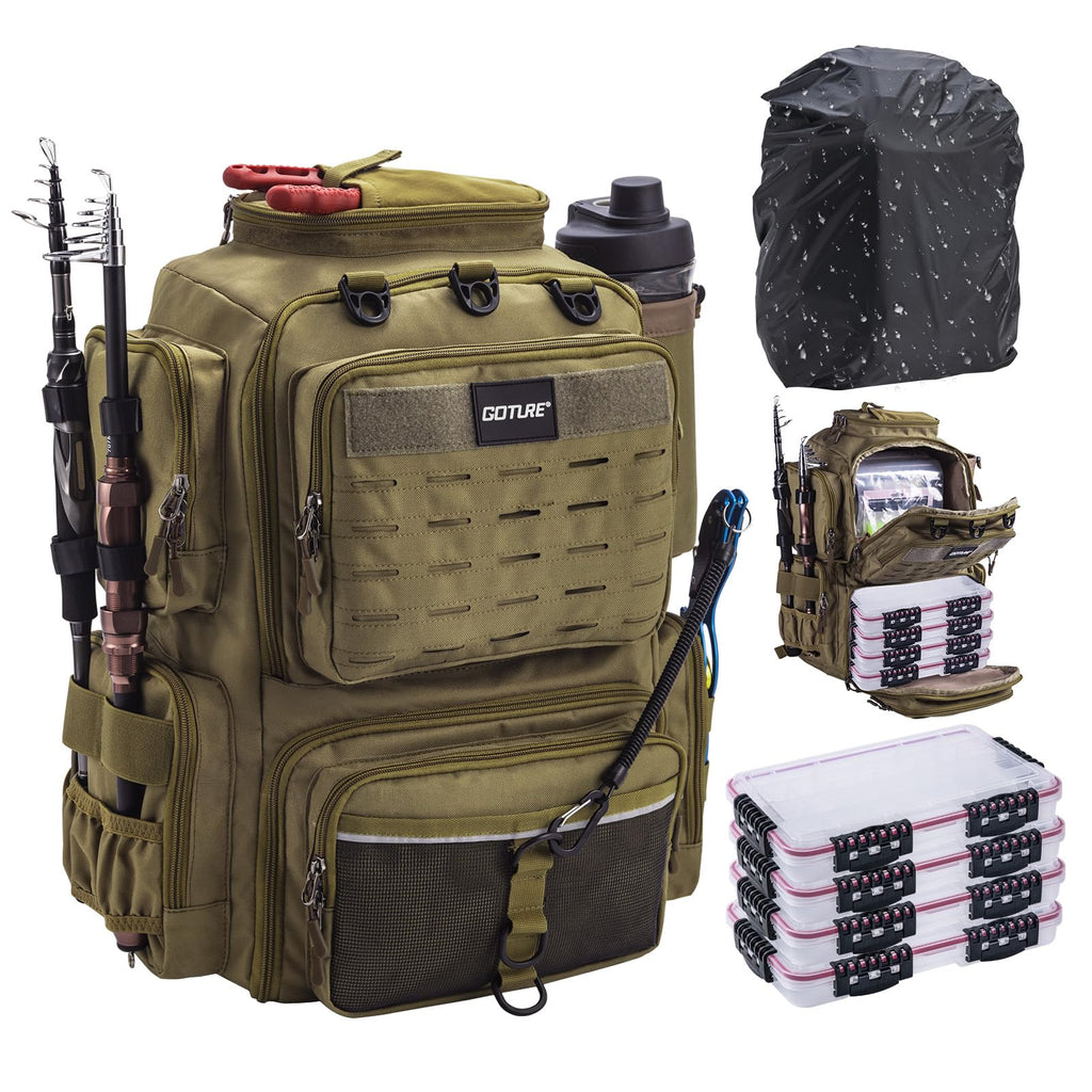 CMOOD Fishing Backpack with Rod Holders and 4 Tackle Boxes 40L Tackle Bag Waterproof Fishing Tackle Backpack Lightweight Tackle Box Backpack for Fishing Hiking Camping Fishing Gifts for Men
