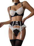 Lilosy Petit Collier Nœud Sexy Collants en Dentelle Florale Soutien-Gorge Transparent à Armatures Push Up Jarretelles Ensemble de Lingerie Femme Soutien-Gorge Culotte Transparent 5 Pièces Noir Blanc Très Petit