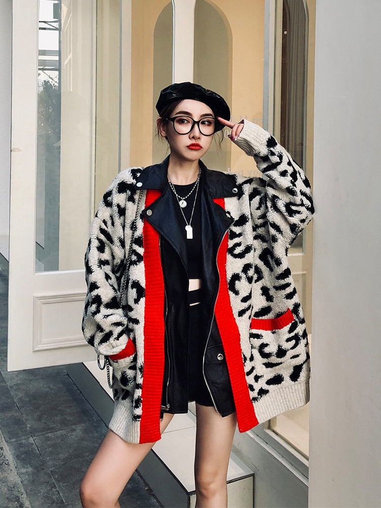 Leopard Print PU Leather Jacket with Zipper Pockets