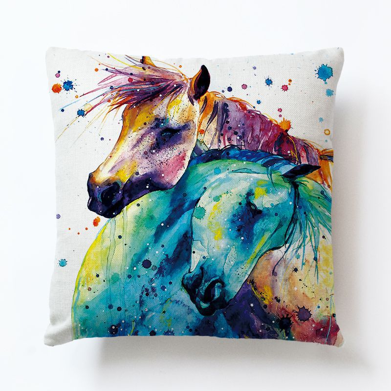 Colorful Horse Cotton and Linen Cushion Cover