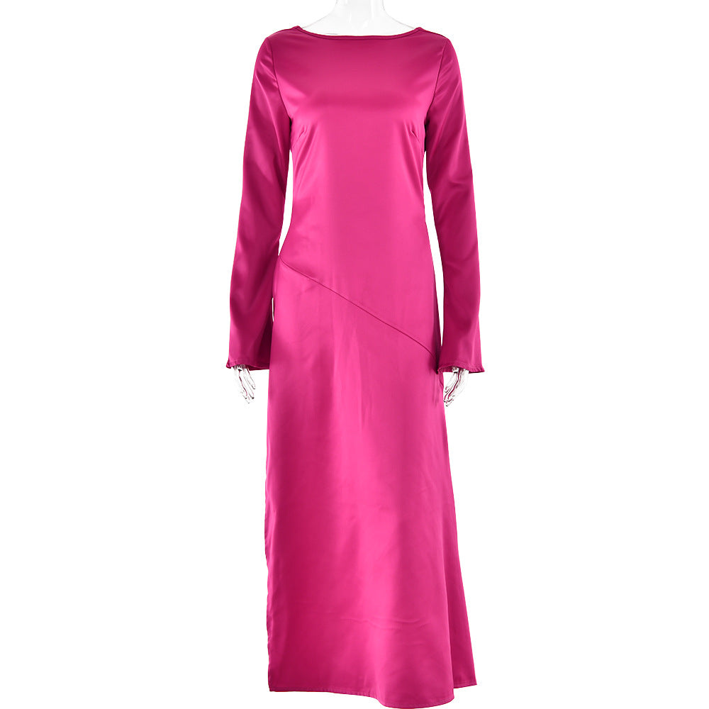 Trendy Long Sleeve Satin Backless Split Dress 2023