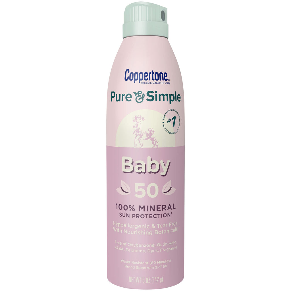 Coppertone Pure and Simple Baby Sunscreen Spray SPF 50 Zinc Oxide Mineral Sunscreen for Babies Toddler Sunscreen Water Resistant Broad Spectrum SPF 50 Sunscreen 5 Oz