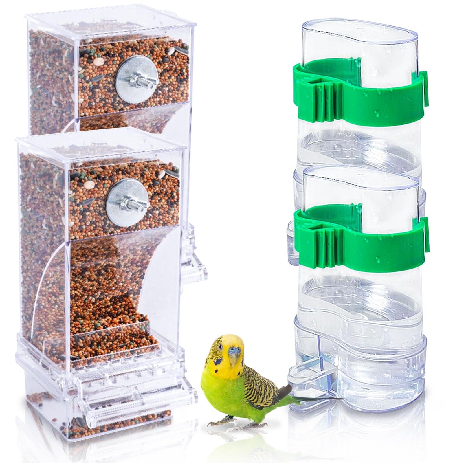 VCEPJH 4PCS No Mess Bird Feeder and Water Dispenser Automatic Parrot Feeder Drinker Acrylic Parakeet Seed Dispenser Food Container Cage Accessories for Lovebirds Conures Budgies Canary Finch