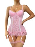Lilosy Ensemble Lingerie Nuisette Femme Sexy Nœuds Dentelle avec Culotte Volants Bustier Corset Soutien-Gorge à Armature Push-Up Maille Fleurie Transparente Femme Maid Teddy Body Chemise de Nuit Transparente Boudoir Jarretelle 3 Pièces Rose et Blanc L