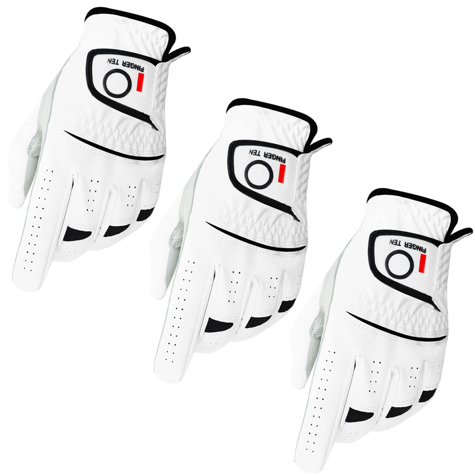FINGER TEN Golf Gloves Men Right Left Handed Golfer Men’s Golf Glove Left Right Hand Value 3 Pack All Weather Leather Grip Small Medium ML Large XL Size (3 Pack Medium/Large Left)