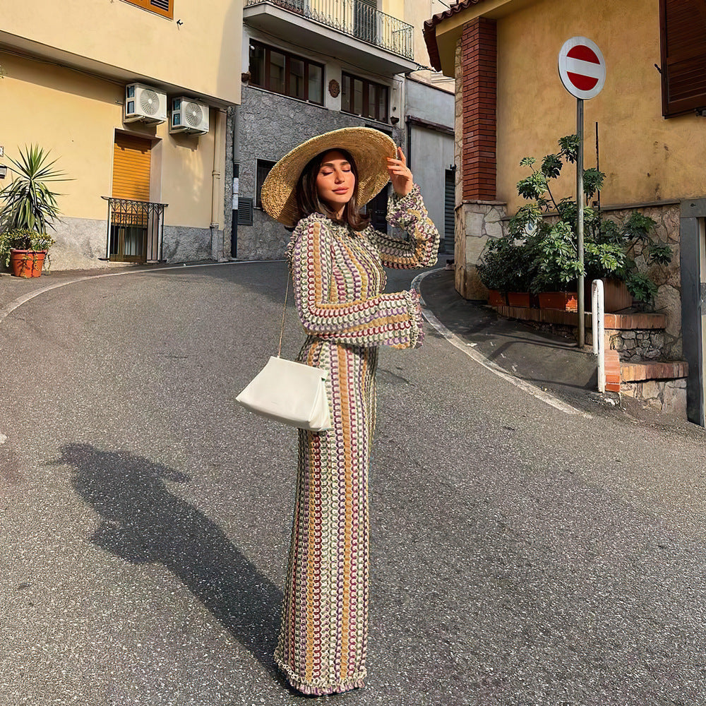 2023 Color Block Lace Backless Long Sleeve Dress