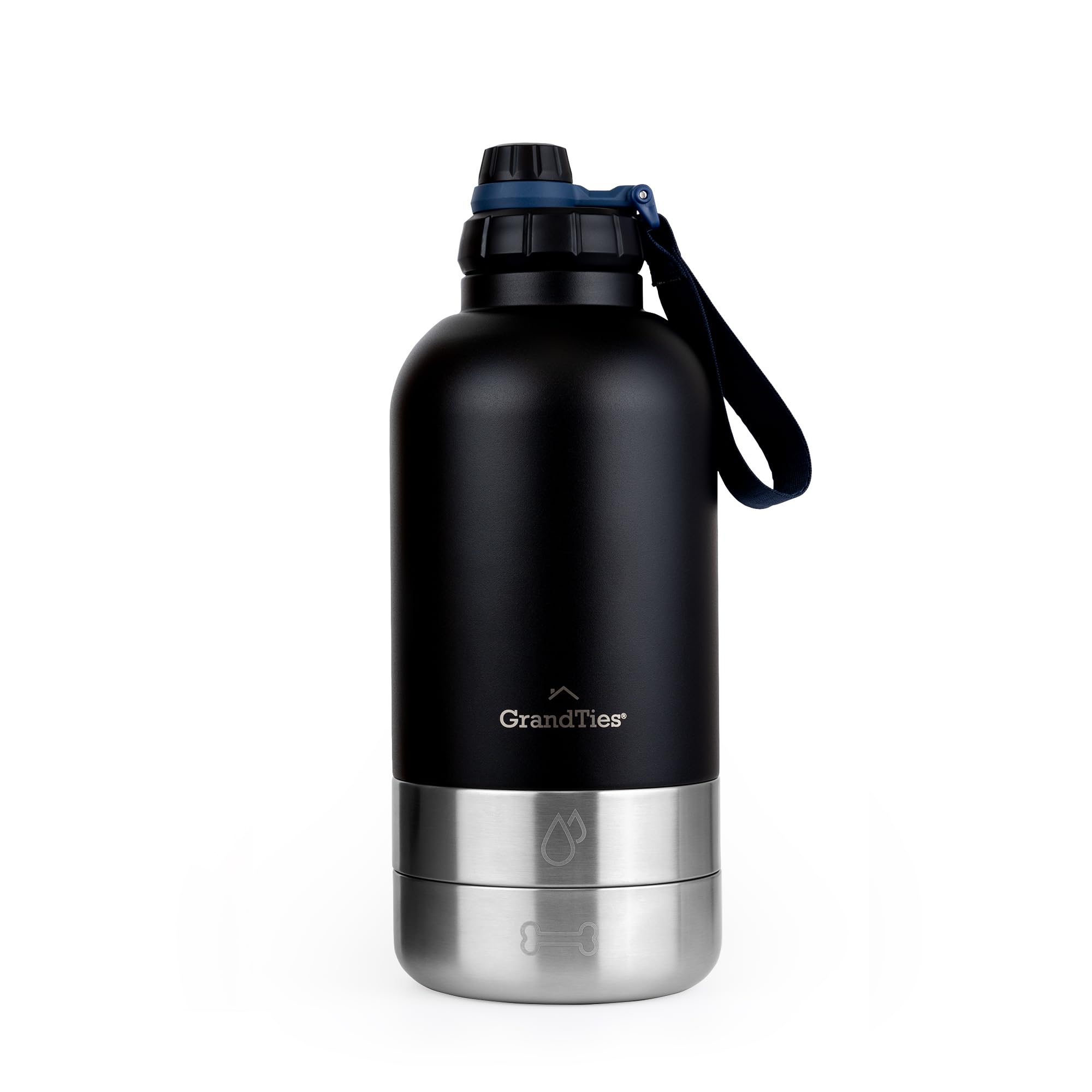 Bouteille d'eau isotherme portable GrandTies avec 2 gamelles détachables | Distributeur d'eau pour chien | Conteneur de nourriture pour chien anti-fuite | Accessoires pour chiens pour la promenade, la randonnée, le camping (64oz Noir mat)