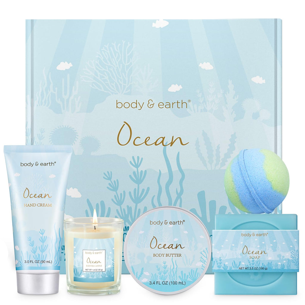 Cadeaux pour femme Ensemble cadeau bain et corps pour femme avec 5 pièces Cadeaux spa parfumés Océan pour femme Cadeaux de bain pour femme avec bougie parfumée Beurre corporel Crème pour les mains Bombe de bain Cadeaux pour femme pour Noël