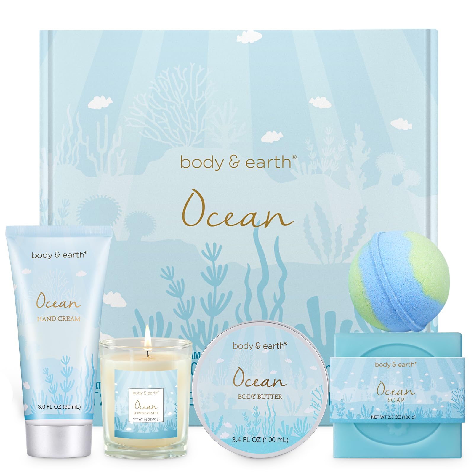 Cadeaux pour femme Ensemble cadeau bain et corps pour femme avec 5 pièces Cadeaux spa parfumés Océan pour femme Cadeaux de bain pour femme avec bougie parfumée Beurre corporel Crème pour les mains Bombe de bain Cadeaux pour femme pour Noël