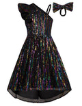 GRACE KARIN Girls One Shoulder Sequin Party Dress Girls Glitter Princess Midi Dress for Formal Occasion Black Multicoloured 8Y