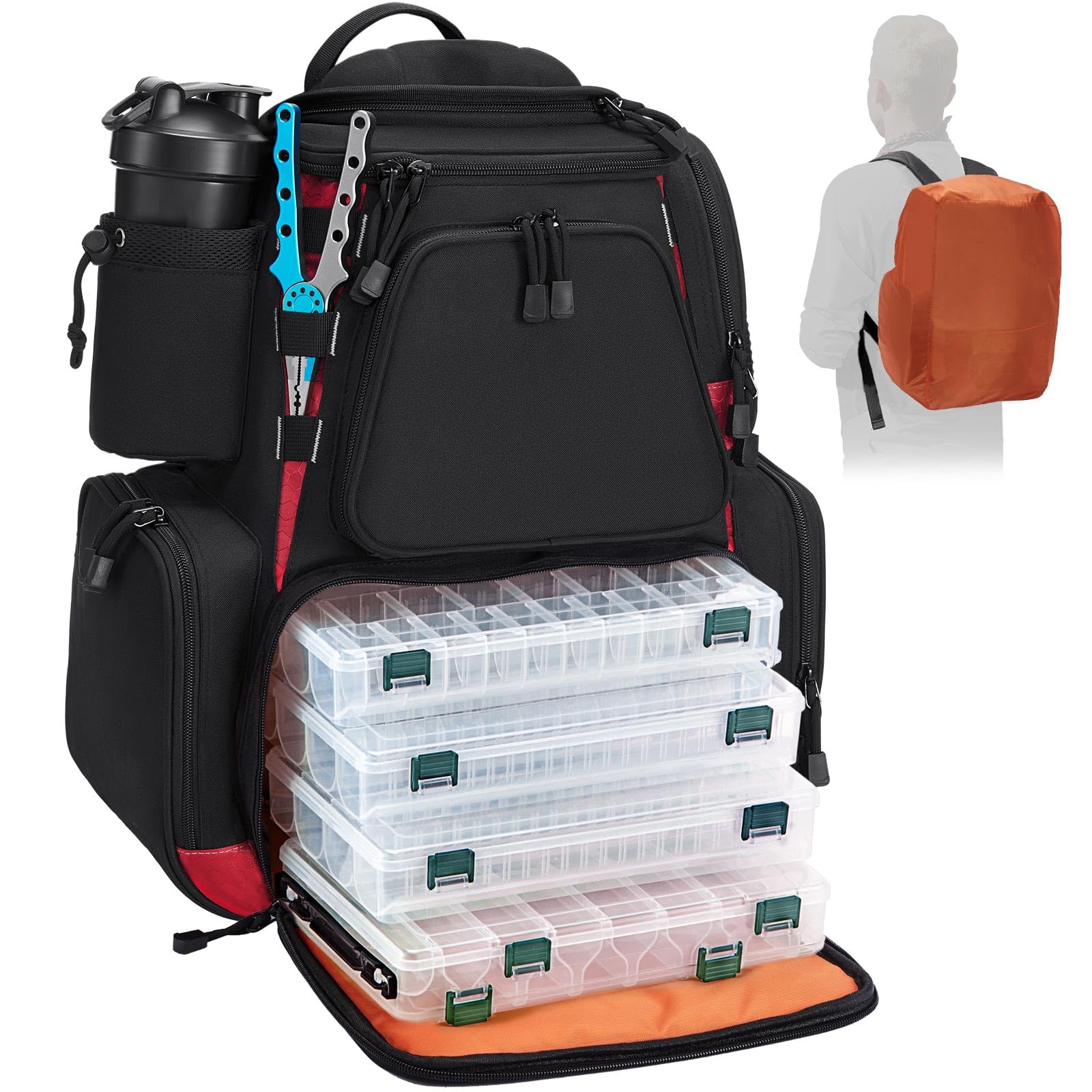 Piscifun Fishing Tackle Backpack with 4 Tackle Boxes Large Capacity Waterproof Fishing Tackle Bag with Protective Rain Cover Black